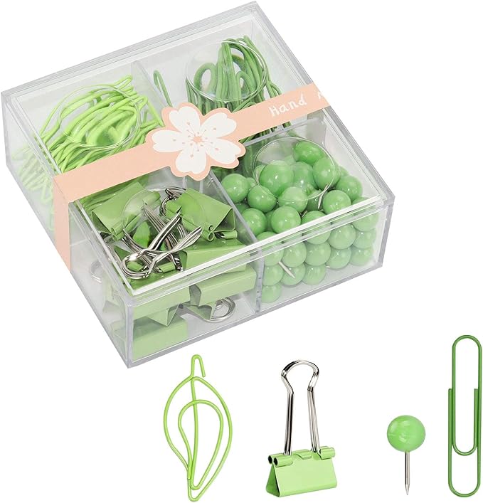 Cute Thumb Tacks Paper Clip Binder Clips Push Pins Set Assorted Size Metal Clips in Plastic Holder Decorative Desk Accessorries (Green)