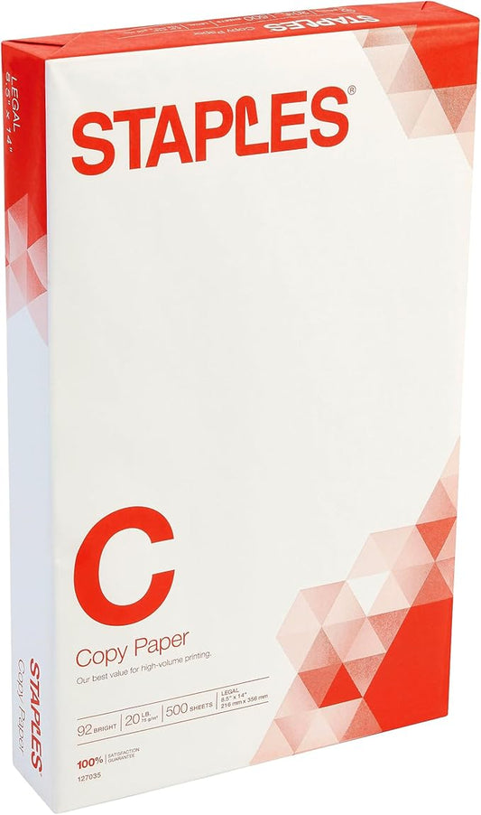 Staples Copy Paper, 8 1/2" x 14", Ream, For Office, School & Home, For Office, School & Home