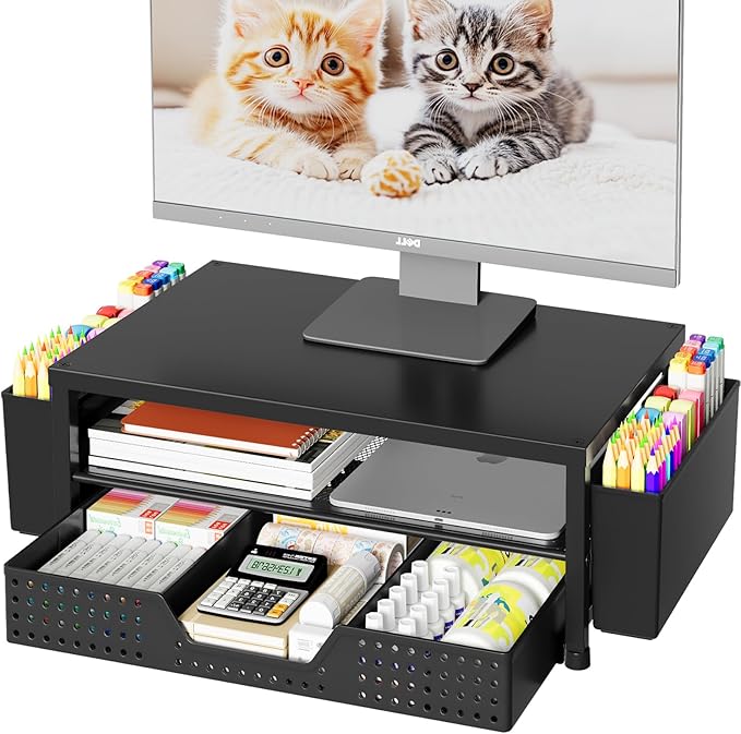 OPNICE Desk Organizers and Accessories, Computer Monitor Stand Riser with Drawer and 2 Pen Holders, Laptop Stand, Office Desk Accessories & Workspace Organizers for Home Office Supplies, Black