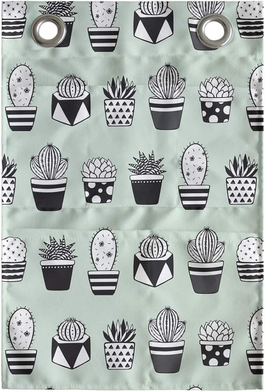 Ambesonne Cactus Hanging Pocket Organizer, Mini Cacti in Pots with Geometric Designs Polka Dots Stripes, Printed Polyester Storage Bag with Pockets, 14" x 20", Mint Green Charcoal Grey