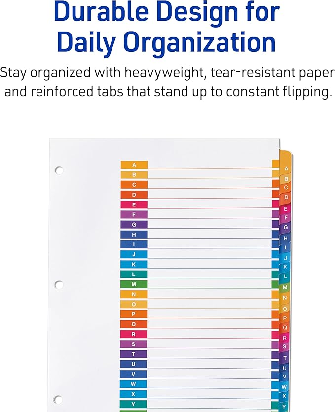 Avery A-Z Dividers for 3 Ring Binders, 26 Tabs per Set, Customizable Table of Contents, Multicolor Tabs, Great for Organizing Reports, Projects, and More (6 Sets of 11832)