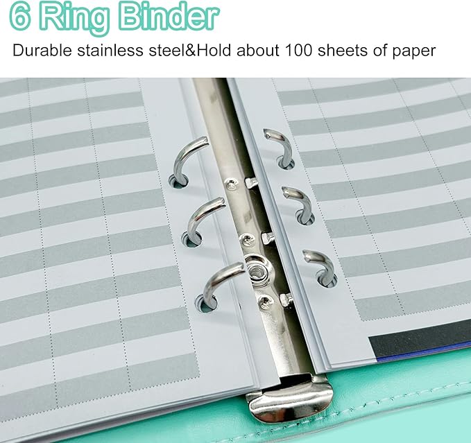 A6 Refillable 6 Ring Faux Leather Budget Binder,Mini Notebook Binder Cover for A6 Filler Paper,Loose Leaf Personal Planner Cover with Magnetic Buckle Closure (Marble Green)