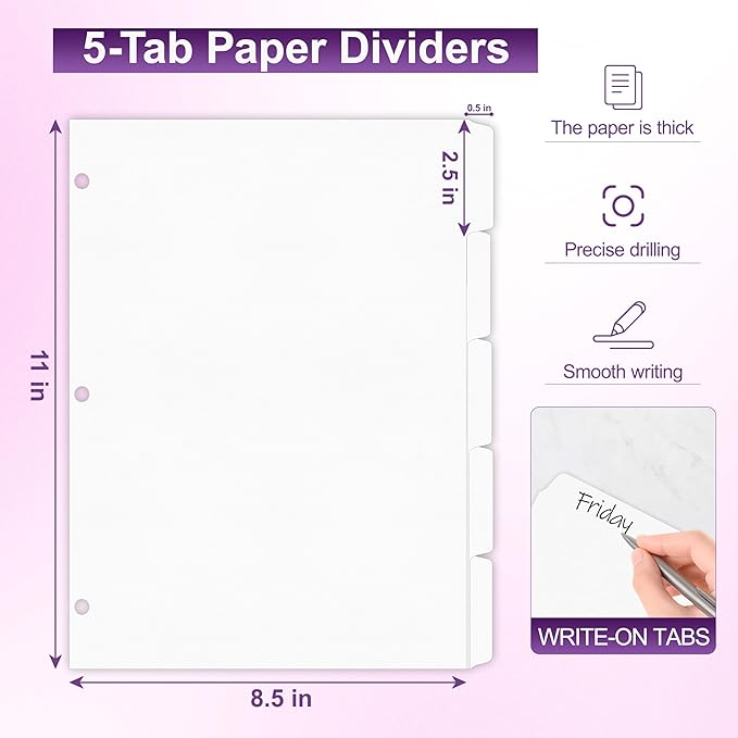 Binder Dividers with Tabs for 3 Ring Binder, 8.5 x 11 Paper Binder Dividers with Tabs 5 Tab Dividers for 3 Ring Binder, 20 Sets Page Dividers for School, Office and Home, 100 Dividers