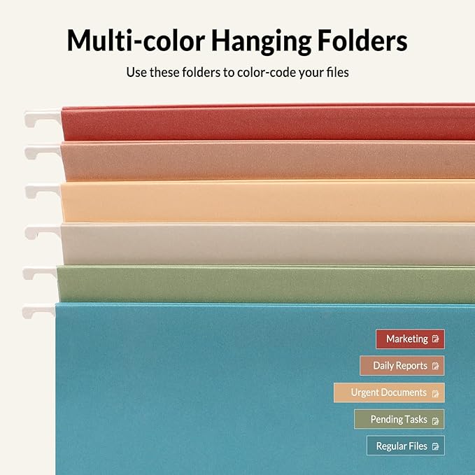 SUNEE Hanging File Folders Retro Colors, 6 Pack Letter Size File Folders with 1/5-cut Tabs, Stay Organized for Your Home and Office Bulk File and Documents