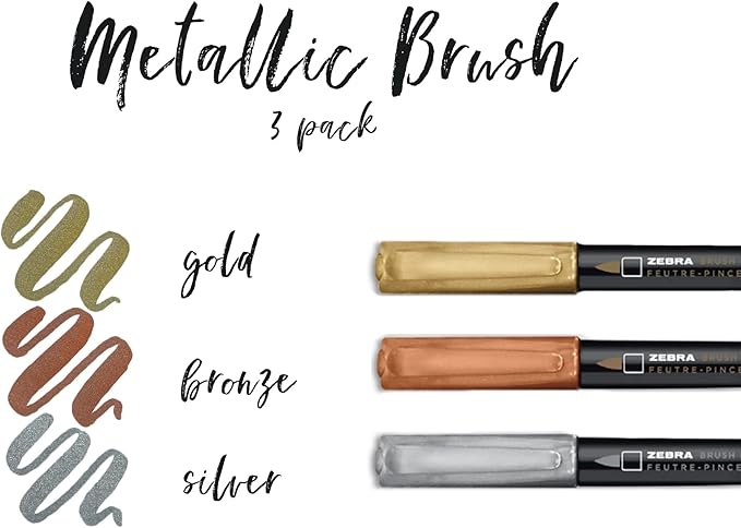 Zebra Pen, Metallic Brush Pens, Gold, Silver, and Rose Gold Ink, Medium Brush Tip Mimics Artist’s Paint Brush for Calligraphy and Lettering, Acid-Free Ink for Light and Dark Paper, 3-Pack (01603)
