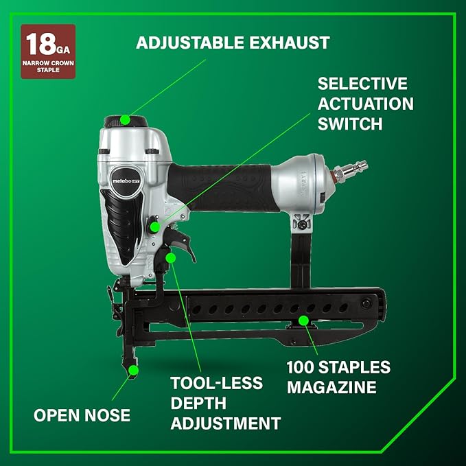 Metabo HPT Narrow Crown Stapler, Pro-Preferred Pneumatic Power Nailers, Finish Stapler for Furniture & Cabinetry, Lightweight Trim Tool, Ergonomic Design, 18 Gauge, 1/2″ to 1-1/2″ Staples, N3804AB3