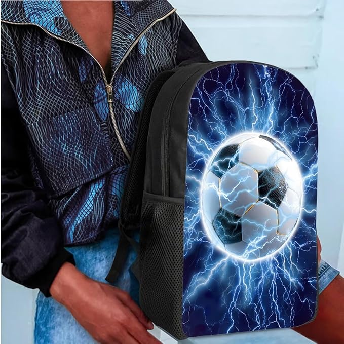 CLOHOMIN Lightning Football Backpack with Lunch Box Set of 3 Large Capacity Bookbag Boys Lunch Bag Pencil Holder for Kids Ages 12-14 Middle School Bag with Lunchbox for Boys, Blue