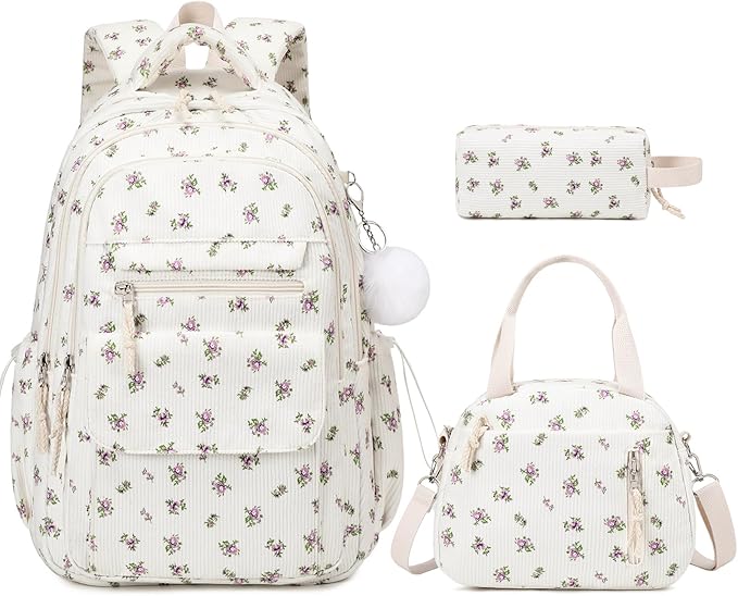 Bevalsa Backpack for Gilrs, 3PCS Corduroy Kids Backpack Set with Lunch Box & Pencil Pouch, Bookbag Daypack Laptop Bag for Women Teens Elementary Middle High School