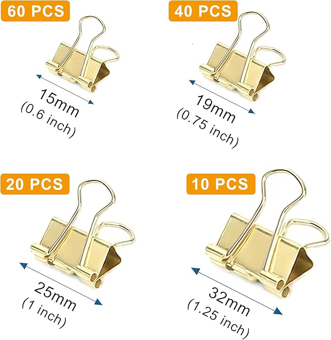 130 Pack Gold Binder Clips Assorted Sizes, Large Medium Small Mini 4 Sizes Mix, Paper Clamps Metal Paper Clips Set for Office School Home Business Supplies