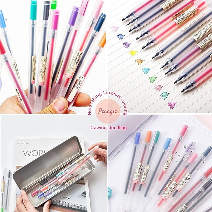 Gel Pens 12 Colors, Ball Fine Point, 0.5 mm Ink Note Taking Pens for Japanese Korean Office School Stationery Supplies (Assorted, 12-Count)