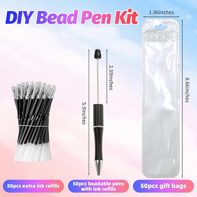 150 Pieces DIY Beadable Pen Kit – 50 Plastic Ballpoint Pens with Refills & Bags – School Supplies, Office Accessories & Decorative Items for Students & Teachers (Black and White)