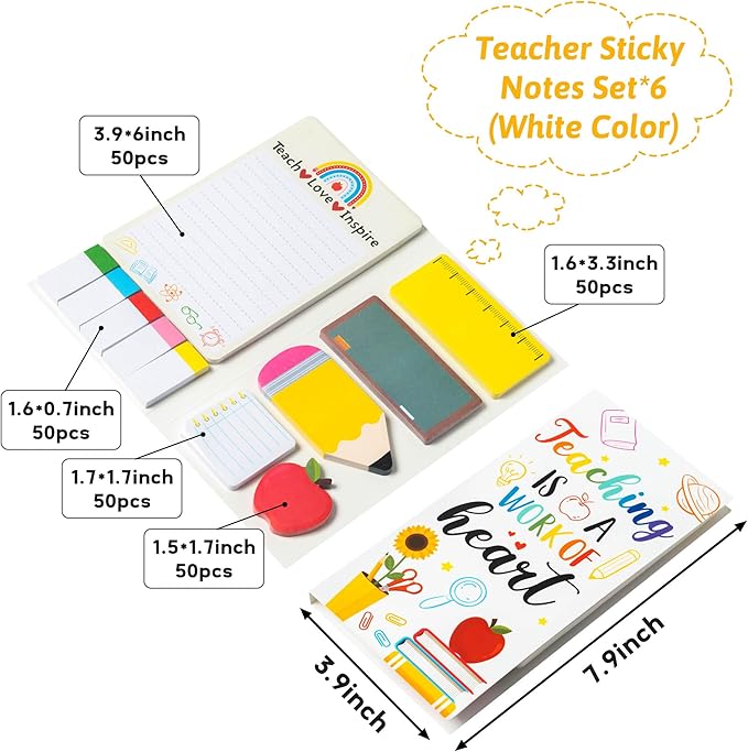 Xqumoi 6 Pack Teaching is A Work of Heart Sticky Notes Set - Ruler Blackboard Pencil Apple Shape Self-Stick Note Pads Teacher Appreciation Gift Writing Memo Pads Page Marker School Office Supplies