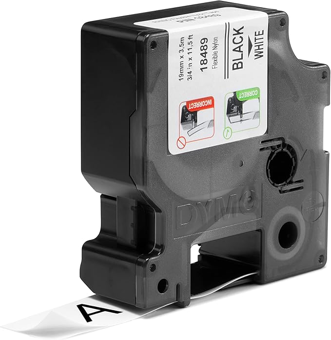 DYMO Rhino Industrial Flexible Nylon Labels, 3/4" x 11.5', Black Print on White Tape