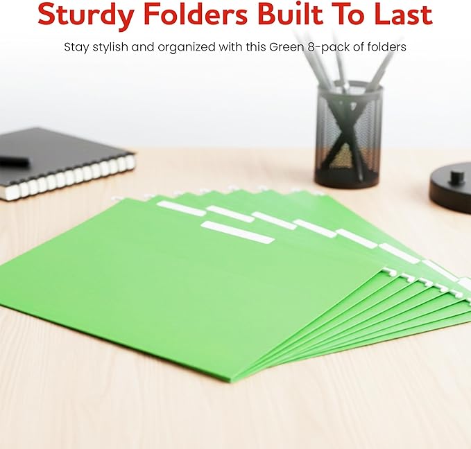 Green Hanging File Folders – 8 Pack, Letter Size File Organization Folders for Home, Office, School & Filing Cabinets