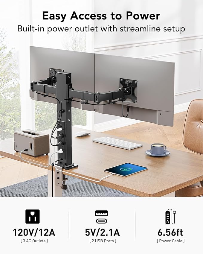 HUANUO Dual Monitor Stand with Power Outlet, Full Motion Double Monitor Stand with Adjustable Height, Supports 13″-32″ Displays up to 22 lbs, USB Ports and Stronger Pole, Desk Clamp and Grommet Mount