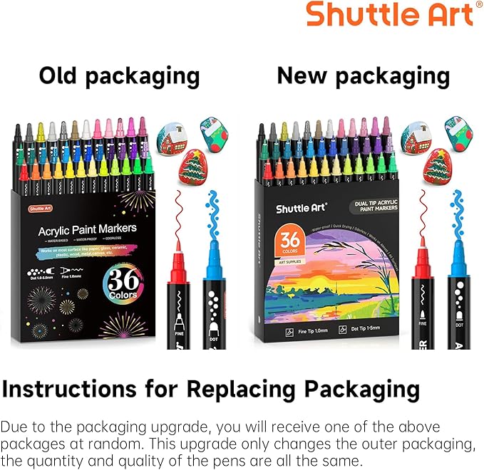 Shuttle Art 36 Colors Dual Tip Acrylic Paint Markers, Dot Tip and Fine Tip Acrylic Paint Pens for Rock, Ceramic, Wood, Canvas, Plastic, Glass, Stone, Calligraphy, Card Making, Crafts & Nail Art