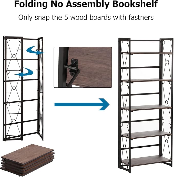 VECELO Folding Bookshelf, 5 Shelf Bookcase No Assembly, Industrial Metal Frame Shelves Rack Organizer for Living Room, Office,Walnut 1 Set