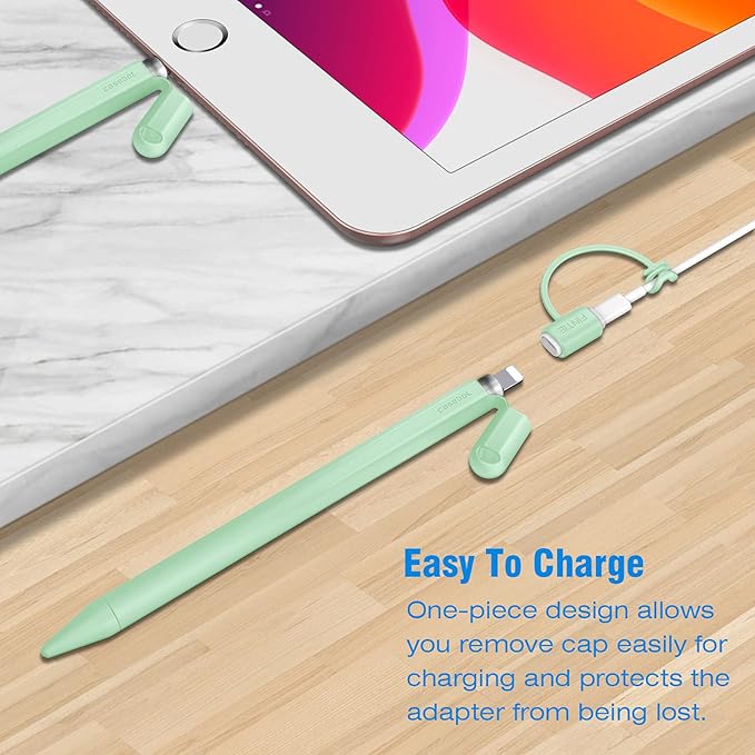 Fintie Silicone Sleeve Compatible with Apple Pencil 1st Generation, Ultra Light Pen Skin Case Cover Soft Protective Pencil Grip Holder with 2 Nib Covers & Cable Adapter Tether, Green