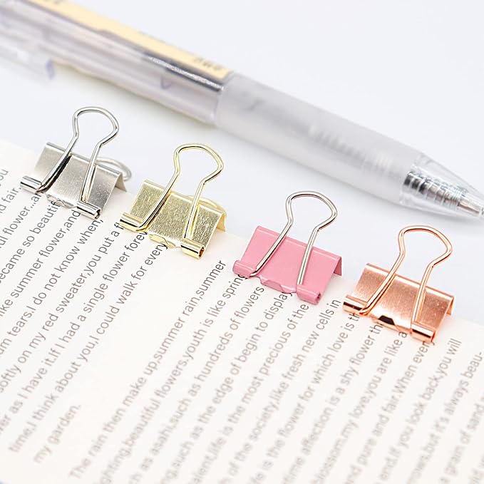 Gold Binder Clips, Mini Paper Clip, Small Paper Clamps 15mm (5/8 inch), 100 Pack Micro Size Office Clips for Home School and Business (Gold)
