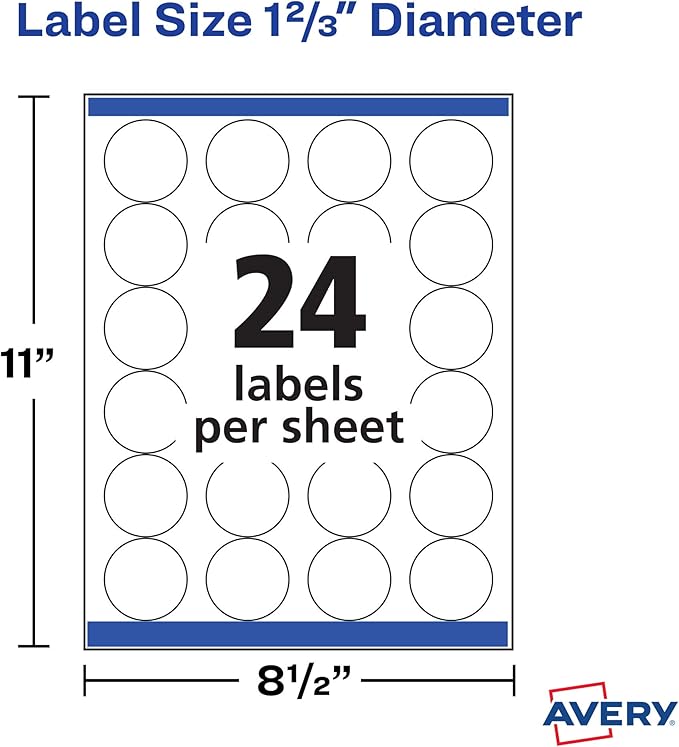 Avery White High Visibility Round Labels with Sure Feed, Permanent, 1-2/3", 2 Pack, 1,200 Labels Total (32135)