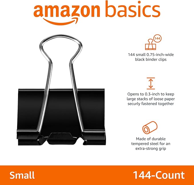 Amazon Basics Sturdy Binder Clips, Office Supplies, Small 0.75 in, Document Organizing, School Supplies, Black, 144 Count