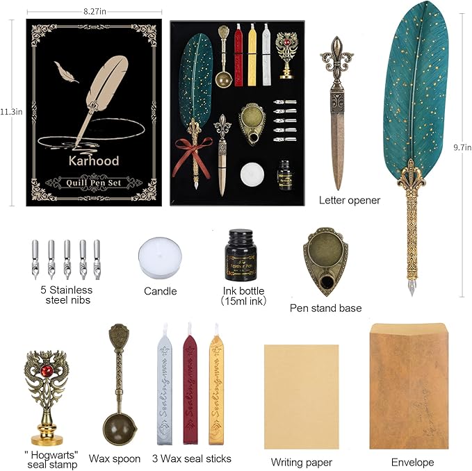 Quill Pen and Ink Set - Feather Calligraphy Dip Pen with Wax Seal Stamp Kit and 5 Nibs (Dark Green)