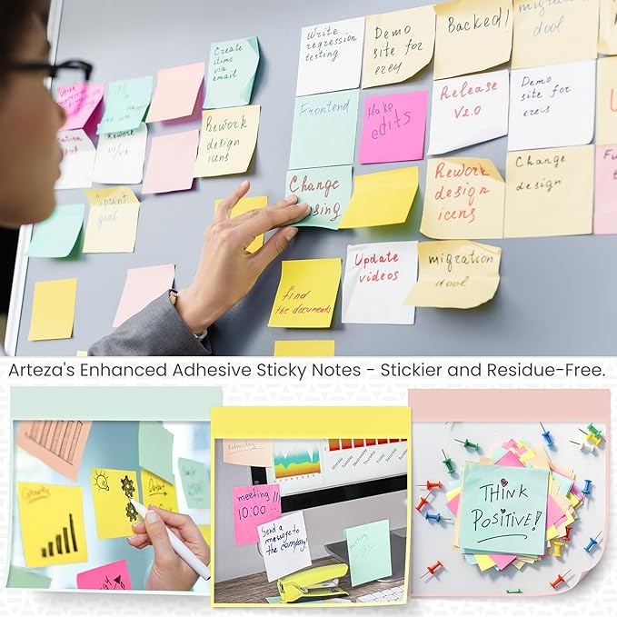 ARTEZA Sticky Notes, 3x3 Inches, 24 Pads, Bulk Pack of Assorted Multicolor Self-Adhesive Notes for Office, School & Home