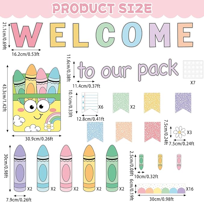 Pastel Welcome to Our Pack Bulletin Board Decoration Crayons Back to School Board Set Notebook Crayon Theme Paper Cutouts Welcome Classroom Supplies for School Office Chalkboard Walls Door Decor