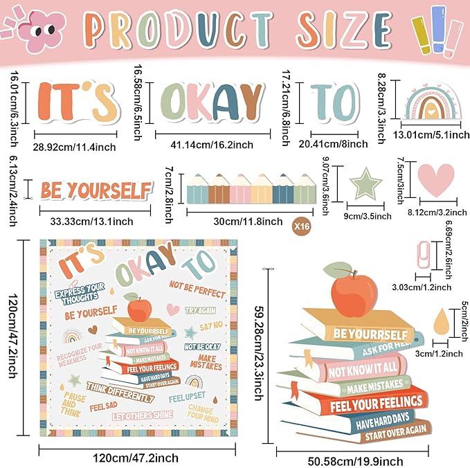 Boho Motivational Bulletin Board Set Welcome Back to School Inspirational Positive Affirmations Accents Cutouts It's OK to Mental Health Posters for School Office Home Classroom Decoration Supply