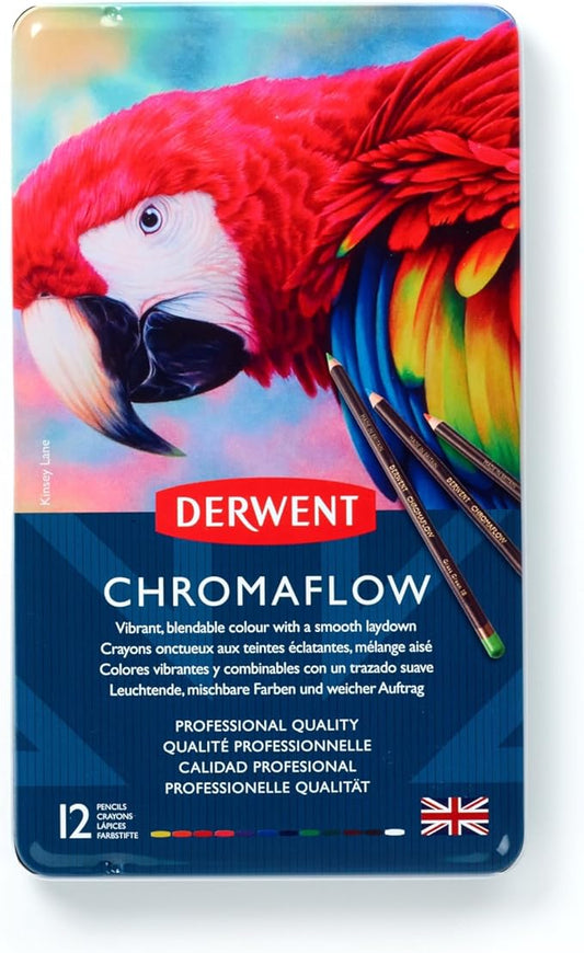 Derwent Chromaflow Colored Pencils Tin, Set of 12, Great for Holiday Gifts, 4mm Wide Core, Multicolor, Smooth Texture, Art Supplies for Drawing, Blending, Sketching, Professional Quality (2305856)
