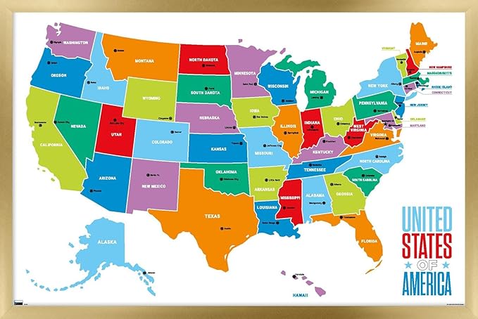 Trends International Map - United States Of America 2022 Wall Poster, 14.725" x 22.375", Gold Framed Version