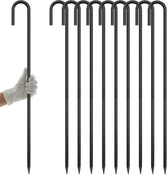 AAGUT 36 Inches 10 Pack J Hook 1/2" Rebar Stakes Heavy Duty Tent Stakes with Chisel Point End, Steel Ground Anchors Metal Garden Stakes Chain Link Fence Stakes Black Coated