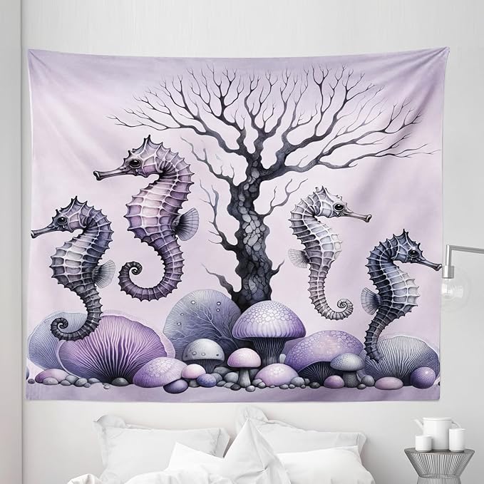 Ambesonne Purple Tapestry King Size, Dried Tree with Mushrooms in Lilac Color Palette and Huge Seahorse Prints, Wall Hanging Bedspread Bed Cover Wall Decor, 104" X 88", Mauve and Lavender
