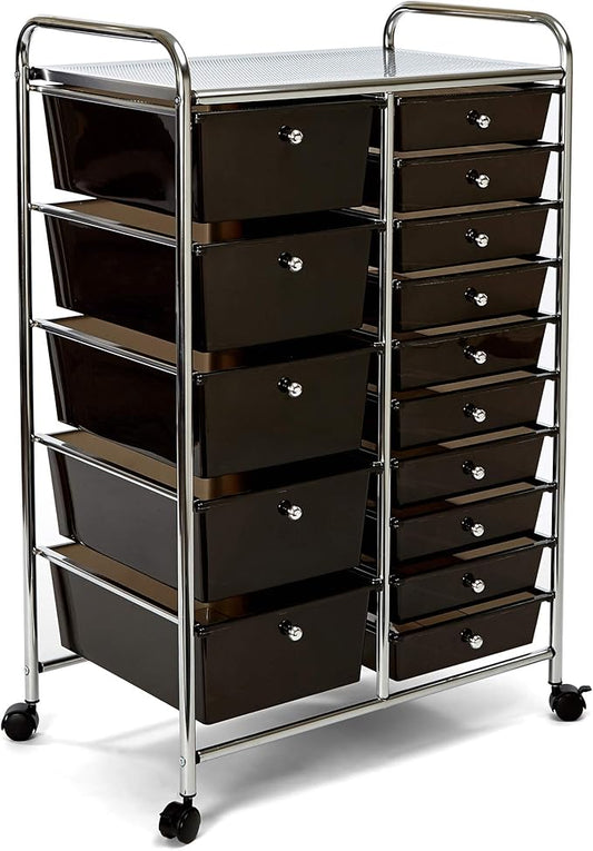 Seville Classics Rolling Utility Organizer Storage Cart , for Home Office, School, Classroom, Scrapbook, Hobby, Craft, 15 Drawer, Black
