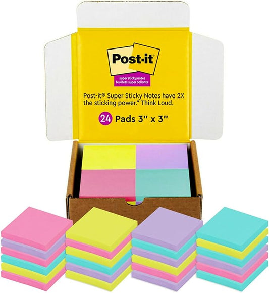 Post-it Super Sticky Notes, 3x3 in, 24 Pads/Pack, 70 Sheets/Pad, Amazon Exclusive Bright Color Collection, Aqua Splash, Acid Lime, Tropical Pink and Iris Infusion (Pack of 8)