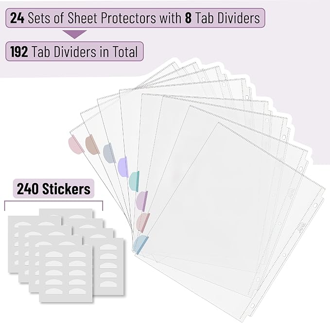 Mr. Pen- Clear Sheet Protectors with Tabs Bulk, 8 Tabs, 24 Sets, Clear Plastic Dividers for 3 Ring Binder, Insertable Index Page Divider Multicolor Tabs