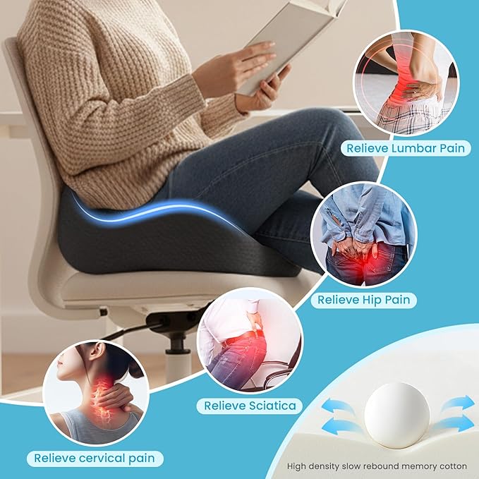 Memory Foam Seat Cushion，Ergonomic Office Chair Cushion，Coccyx Cushion for Tailbone Pain Relief Butt Pillow for Long Sitting，Suitable for Gaming Chair Car Seat Wheelchair