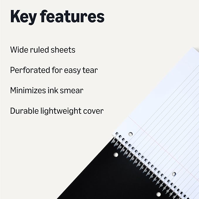 Amazon Basics Wide College Ruled 3-Subject Notebook, Poly Cover, 8.5" x 10.5", 150 Sheets, Black, 2-Pack