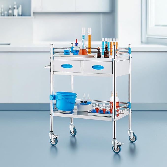 VEVOR Stainless Steel Utility Cart, 2 Layers with Two Lockable Wheels, Ideal for Laboratory, Hospital, Dental Use