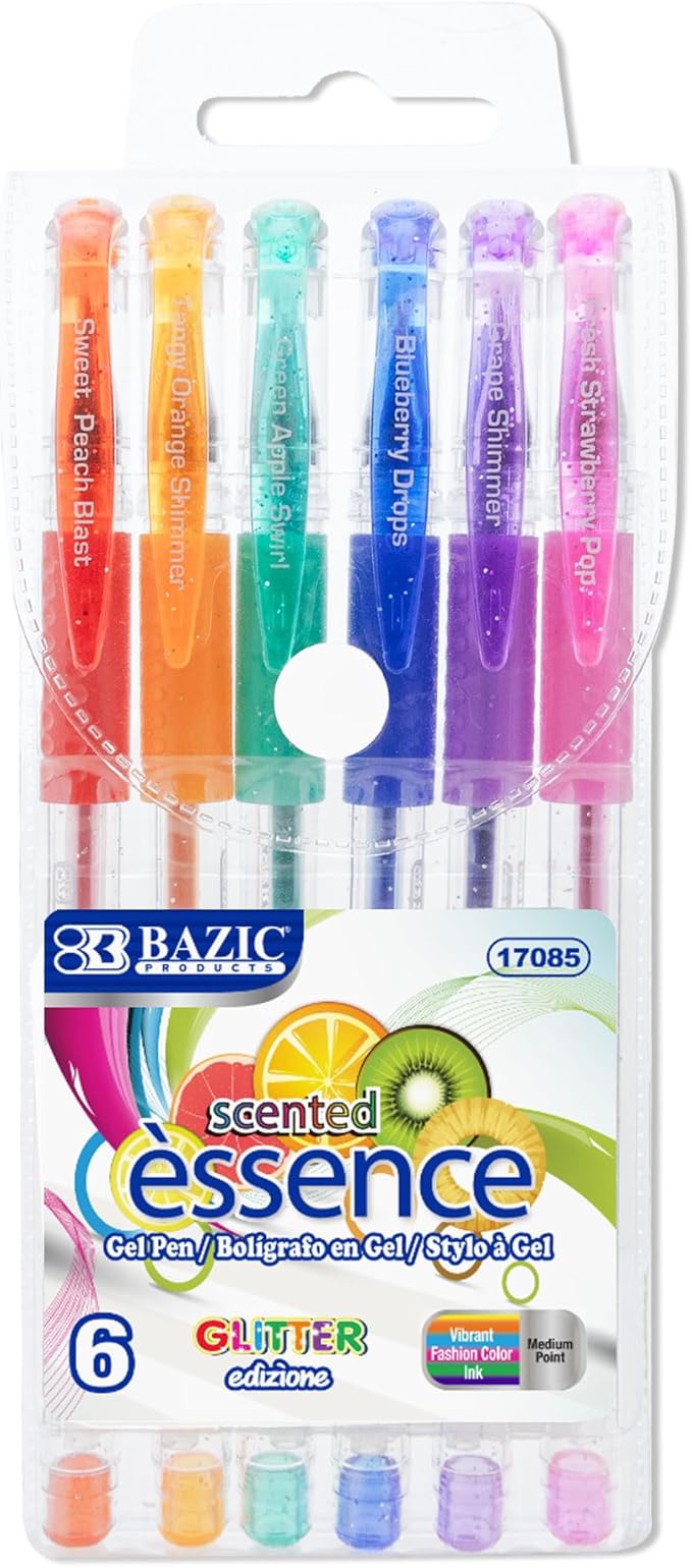 BAZIC Products Essence Scented Glitter Color Gel Pen, Comfort Grip Acid Free Smooth Writing for Drawing Coloring Greeting Card Art Gift (6/Pack), 1-Pack
