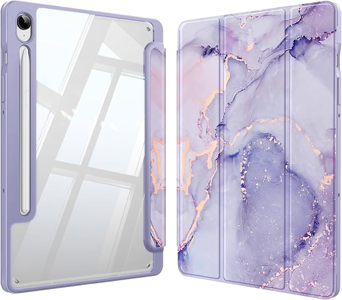 Fintie Hybrid Slim Case for Samsung Galaxy Tab S10 Lite/ S10 FE/ S9 FE 10.9 Inch/Tab S9 11 Inch with S Pen Holder, Shockproof Cover with Clear Transparent Back Shell, Auto Wake/Sleep, Lilac Marble