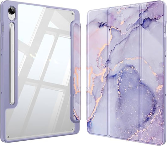 Fintie Hybrid Slim Case for Samsung Galaxy Tab S10 Lite/ S10 FE/ S9 FE 10.9 Inch/Tab S9 11 Inch with S Pen Holder, Shockproof Cover with Clear Transparent Back Shell, Auto Wake/Sleep, Lilac Marble