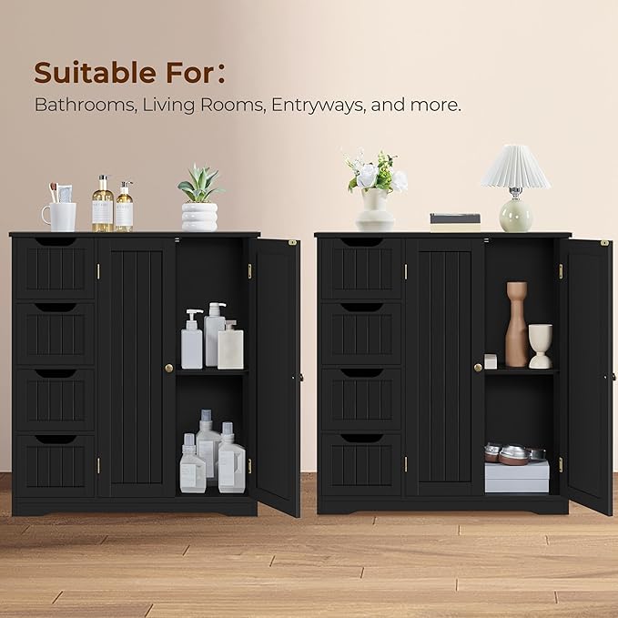Yaheetech Wooden Bathroom Floor Cabinet, Side Storage Organizer Cabinet with 4 Drawers & Double Doors, Freestanding Entryway Storage Unit Console Table, Bathroom Furniture Home Decor, Black