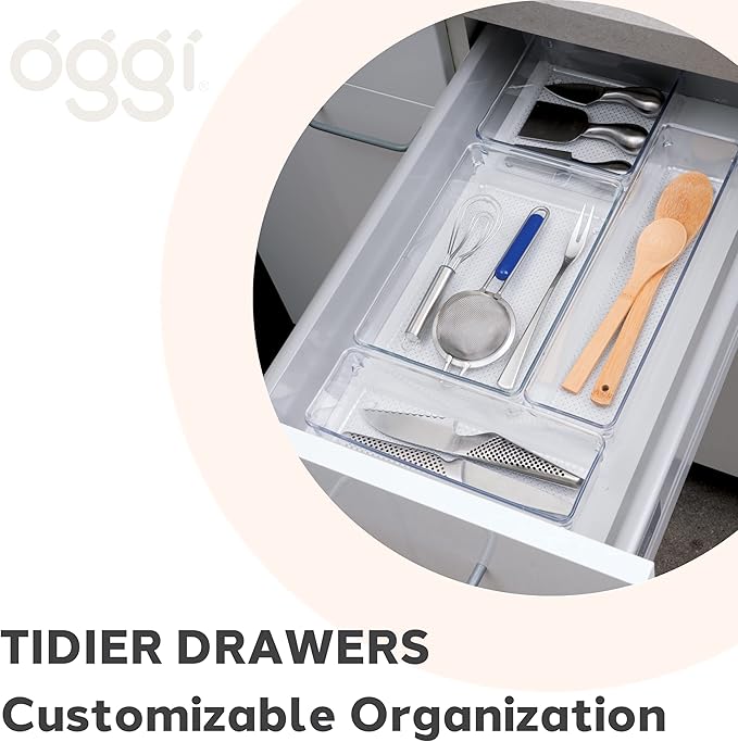 Oggi Set of 3 Clear Drawer Organizers - (1) 6x6.25, (1) 6.25x9.25, (1) 6.25x15.75 - Ideal for Organizing Kitchen Drawers, Office, Desk, Silverware, Kitchen Utensils, Cosmetics and Bathrooms