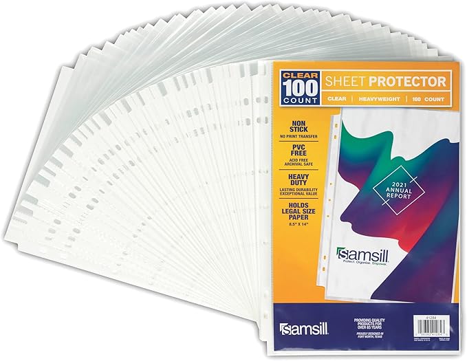 Samsill 100 Pack Legal Sheet Protectors, 8.5 x 14 Inch Document Protectors for Legal Binder, Heavyweight, Clear, Legal Size, Top Loading, Acid Free