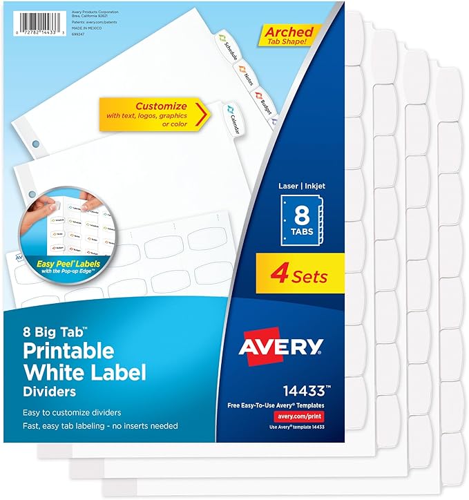 Avery Big Tab Printable White Label Dividers for 3 Ring Binders, 8 Tabs per Set, White, Great for Office Supplies, School Supplies, Organizing, and More (4 Sets of 14433)