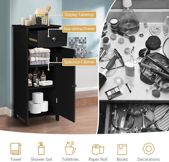 COSTWAY Bathroom Storage Cabinet, Single Door Floor Cabinet with Drawer and 3-Level Adjustable Shelves, Modern Side Storage Organizer with Anti-Tipping Device for Living Room, Bedroom (Black)