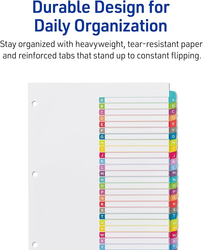 Avery A-Z Dividers for 3 Ring Binders, 26 Tabs per Set, Customizable Table of Contents, Multicolor Arched Tabs, Great for Organizing Reports, Projects, and More (12 Sets of 11844)
