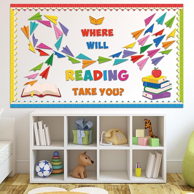 Pasimy Reading Bulletin Board Decorations Paper Airplane Classroom Decor Back to School Library Bulletin Board Set Colorful Book Pencil Paper Plane Cutouts for Summer Home Office Wall Door Supplies