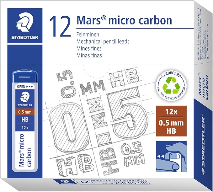 Staedtler Micro Mars Carbon Mechanical Pencil Lead, 0.5mm, HB, 60mm x 12 (250 05 HB)